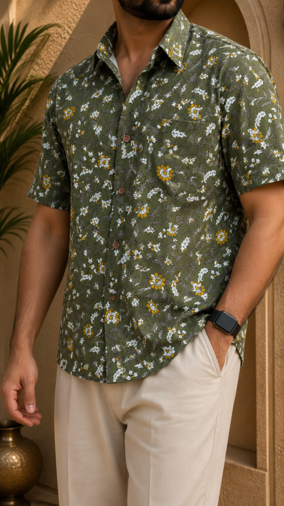 Olive Floral Sanganeri Pure Cotton Big Size Shirt