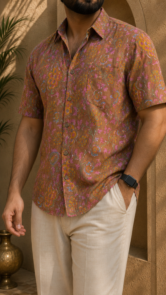 Mocha Floral Vine Pure Cotton Big Size Shirt
