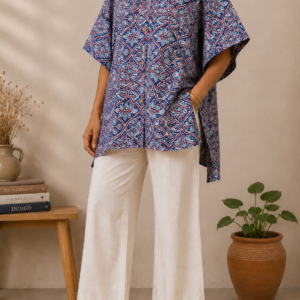 Blue Geometric Pure Cotton Oversized Shirt Tunic