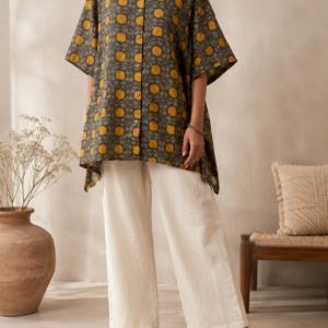 Women’s Charcoal Grey Floral Printed Oversized Pure Cotton Shirt Tunic