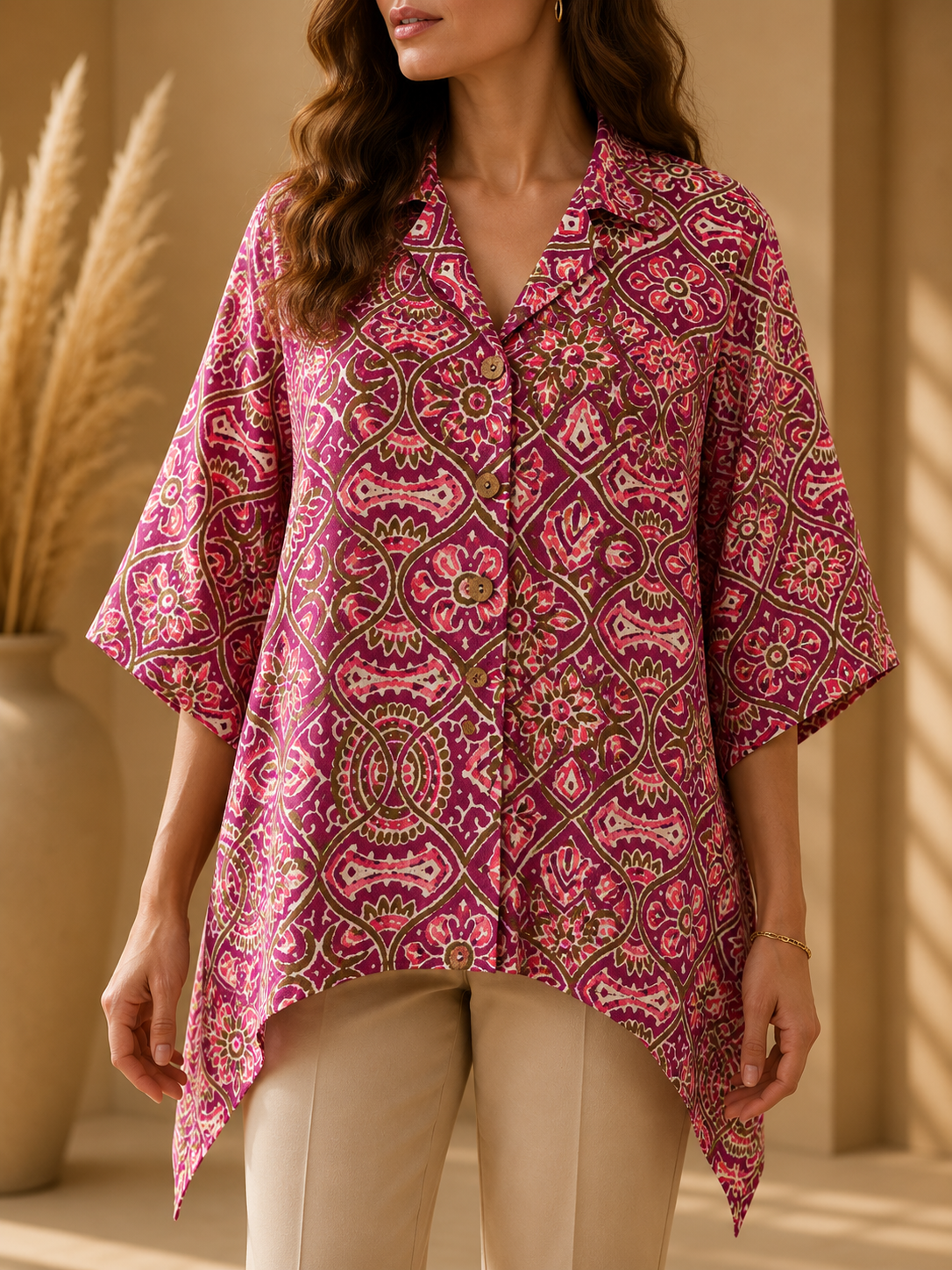 Premium Pure Cotton Ajrakh Printed Kaftan Top | Relaxed Fit | Resort Wear - Image 3