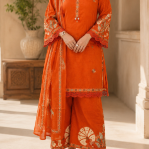 Rust Exclusive Embroidered Pure Cotton Summer Kurti Set with Dupatta
