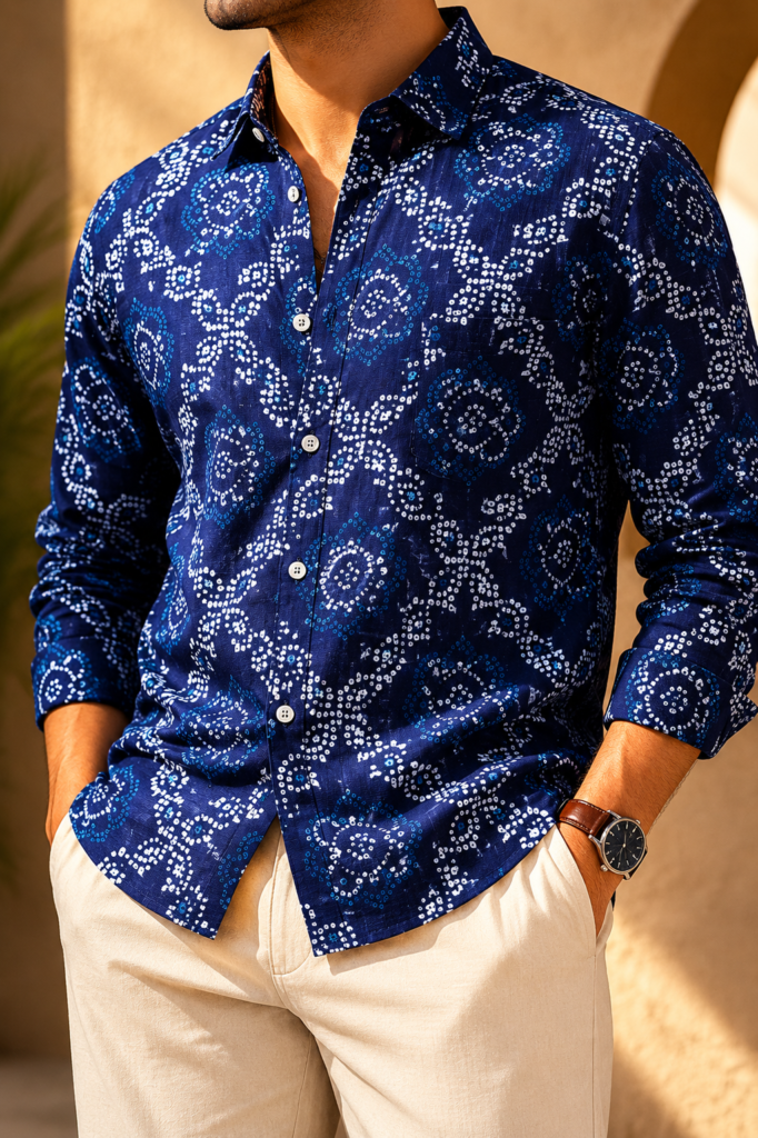 Royal Indigo Bandhani Printed Cotton Shirt