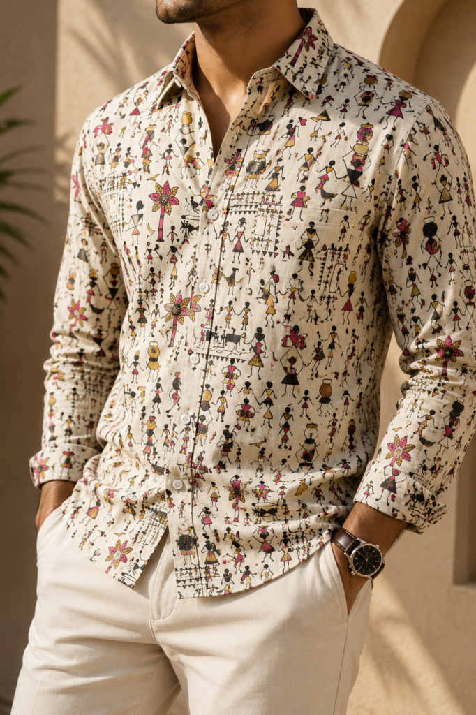 Ivory Warli Art Premium Cotton Shirt