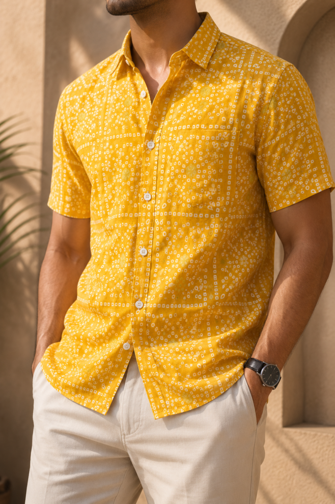Men Sun Yellow Bandhani Inspired Printed Pure Cotton Half Sleeve Resort Casual Shirt