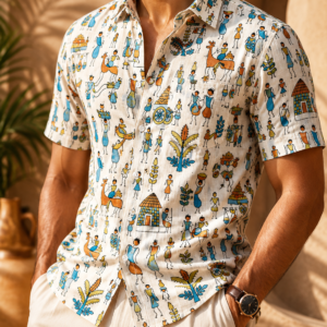 Men Ivory Warli Inspired Printed Pure Cotton Half Sleeve Resort Casual Shirt