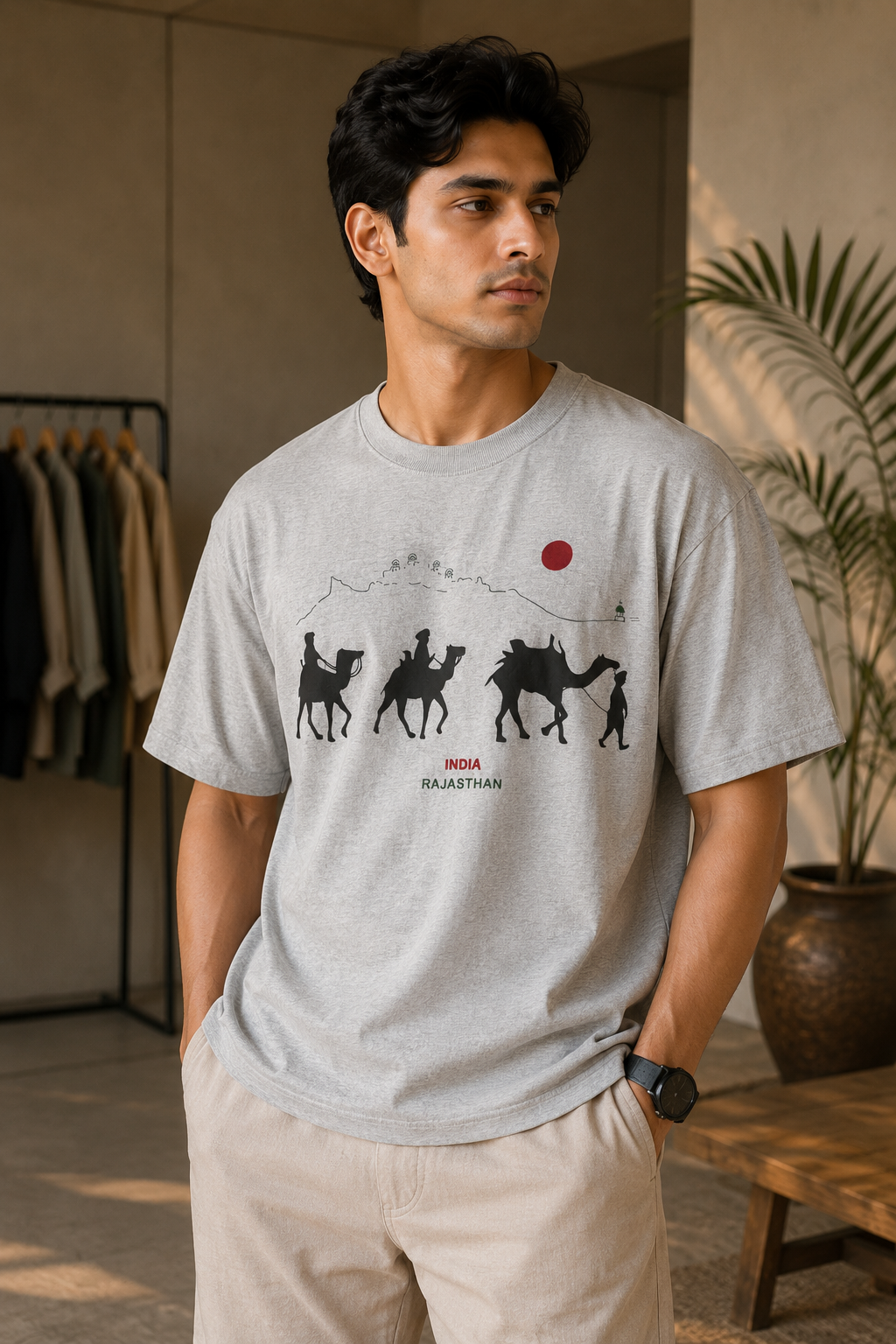 Unisex Grey Tee – Desert Caravan Graphic Edition