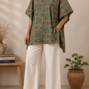 Women’s Olive Green Tribal Printed Oversized Cotton Shirt Tunic