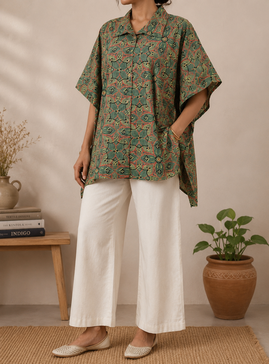 Women’s Olive Green Tribal Printed Oversized Cotton Shirt Tunic