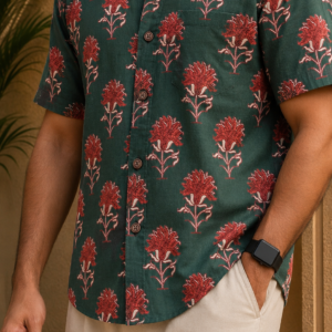 Men’s Forest Green Sanganeri Printed Pure Cotton Big Size Shirt