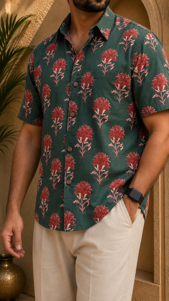 Men’s Forest Green Sanganeri Printed Pure Cotton Big Size Shirt