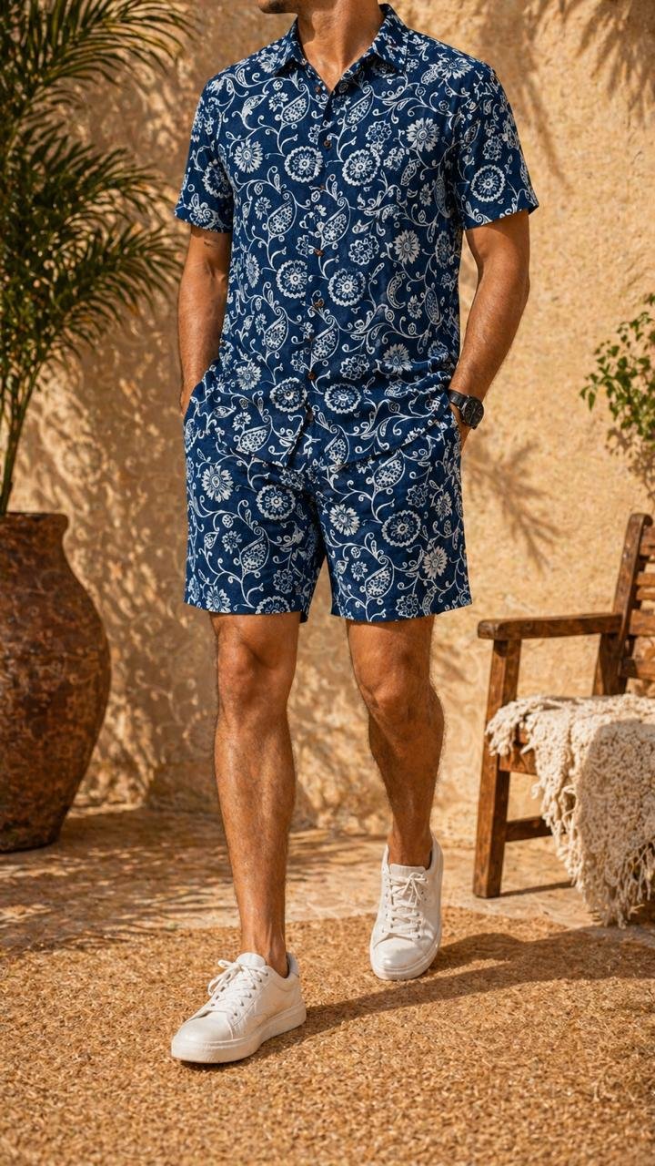 Navy Floral Resort Cotton Co-ord Set for Men