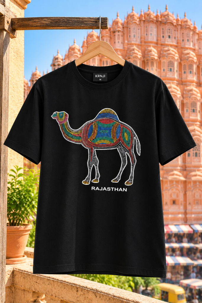 Premium Black Unisex Graphic T-Shirt with Colourful Rajasthani Camel Artwork