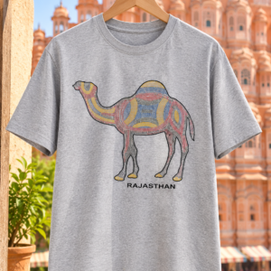 Premium Grey Unisex Graphic T-Shirt with Colourful Rajasthani Camel Artwork