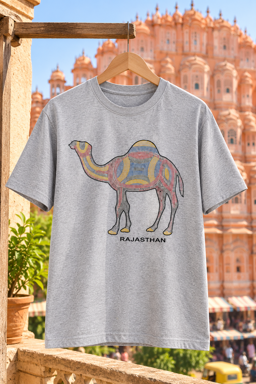 Premium Grey Unisex Graphic T-Shirt with Colourful Rajasthani Camel Artwork