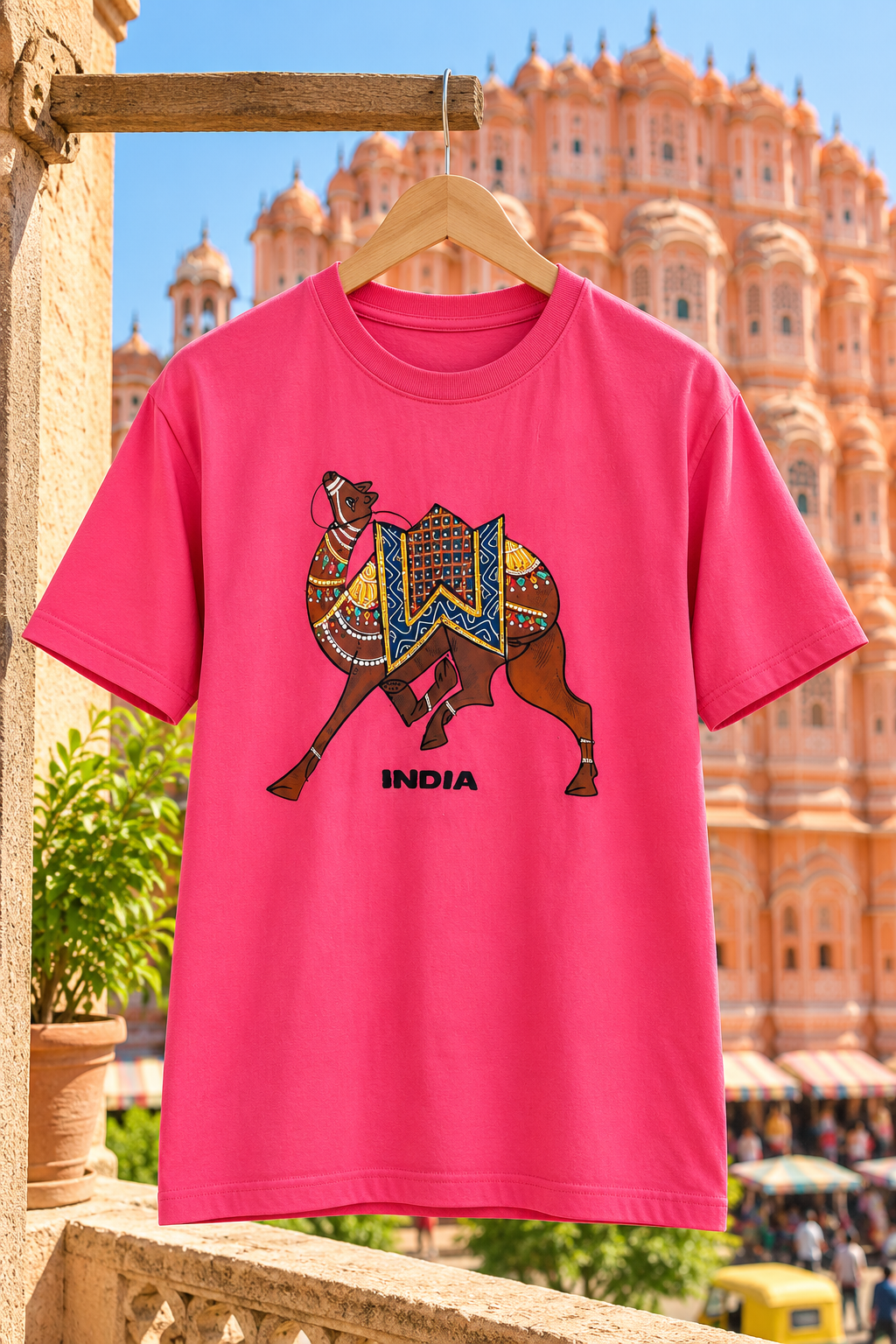 Premium Pink Unisex Graphic T-Shirt with Traditional Indian Camel Design