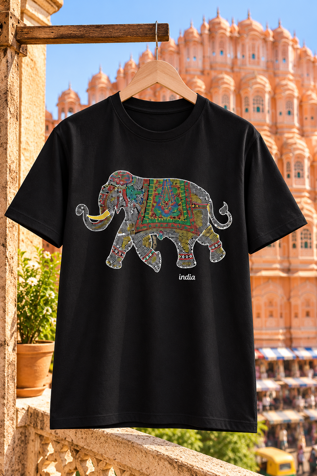 Premium Black Unisex Graphic T-Shirt with Colourful Traditional Indian Elephant Artwork