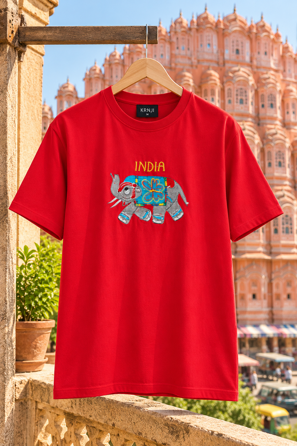 Premium Red Unisex Graphic T-Shirt with Colourful Indian Elephant Artwork