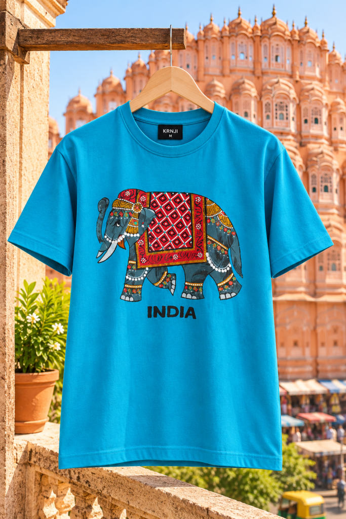 Premium Turquoise Unisex Graphic T-Shirt with Traditional Indian Elephant Artwork