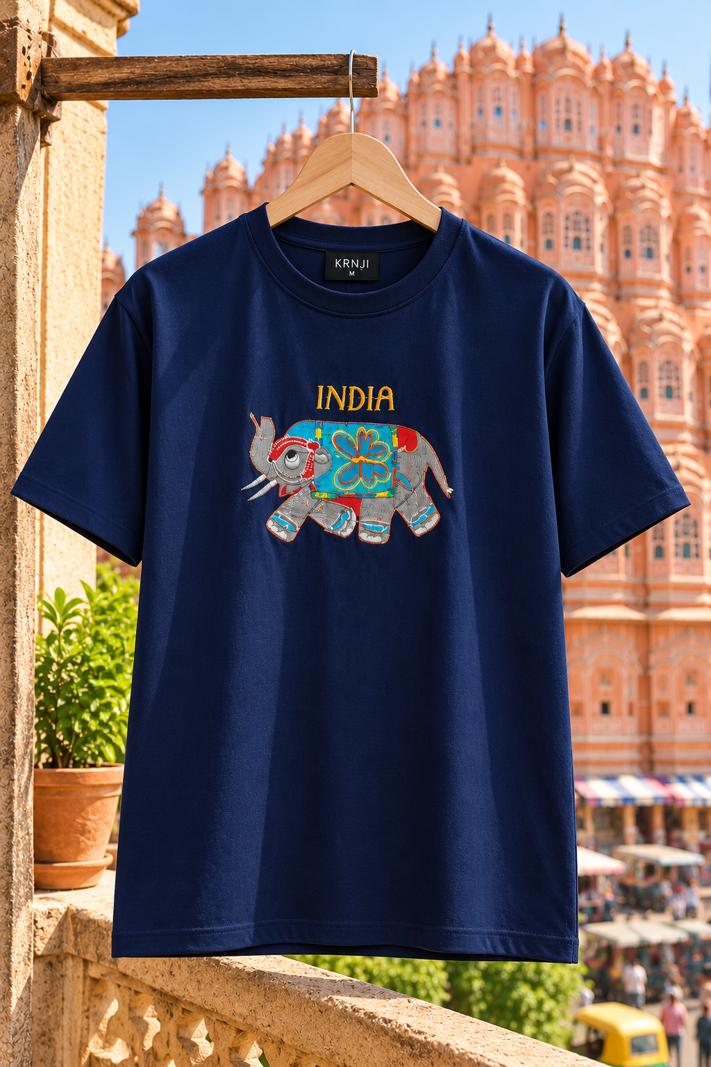 Premium Navy Blue Unisex T-Shirt with Colourful Indian Elephant Embroidery Design