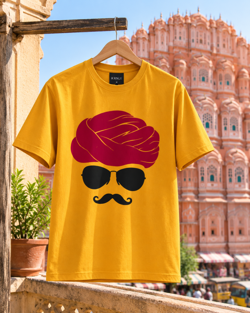 Premium Mustard Yellow Unisex Graphic T-Shirt with Rajasthani Turban, Sunglasses and Moustache Design