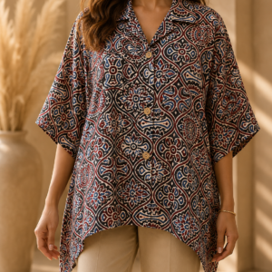 Premium Pure Cotton Ajrakh Printed Kaftan Top | Relaxed Fit | Resort Wear