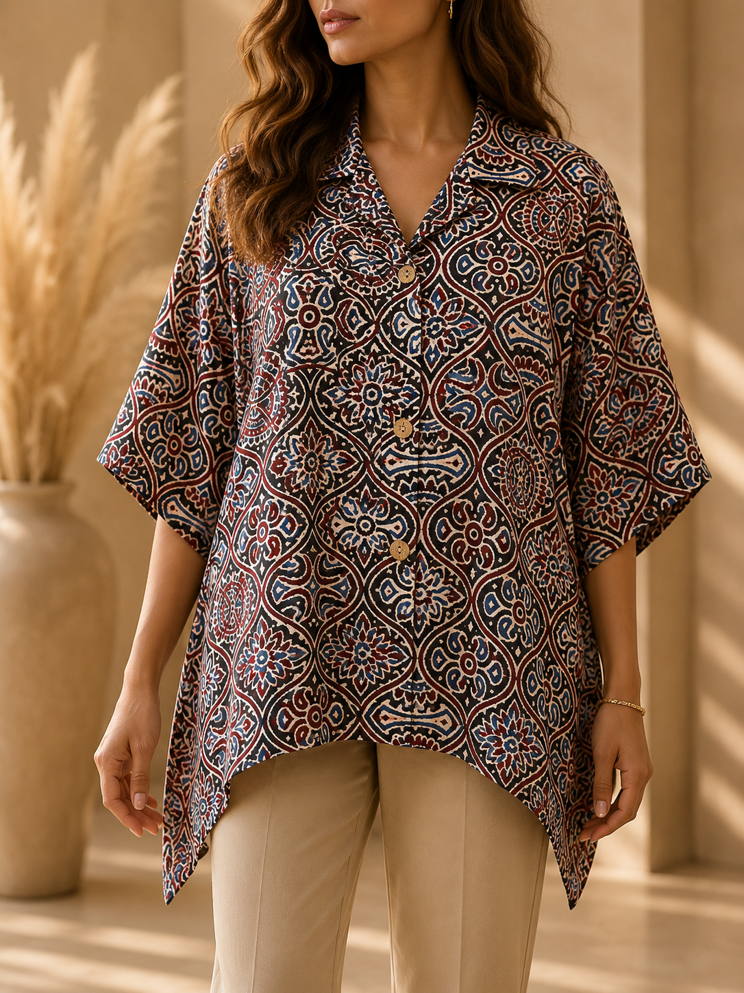 Premium Pure Cotton Ajrakh Printed Kaftan Top | Relaxed Fit | Resort Wear