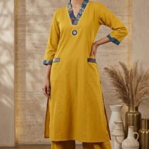 Contrast Neck Cotton Kurta Set