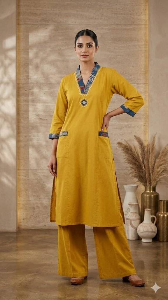 Contrast Neck Cotton Kurta Set