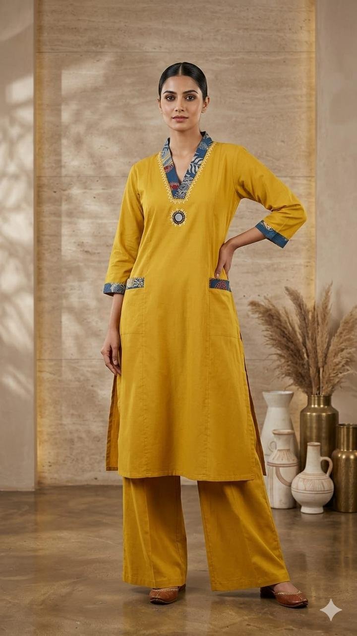 Contrast Neck Cotton Kurta Set