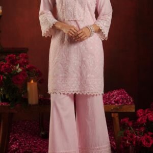 Pure Cotton Schiffli Embroidered Co-ord Set – Pastel Pink