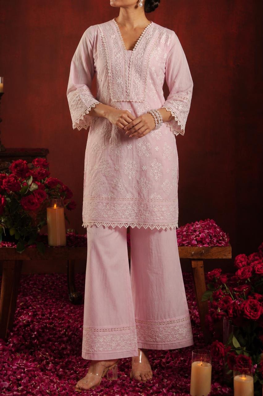 Pure Cotton Schiffli Embroidered Co-ord Set – Pastel Pink
