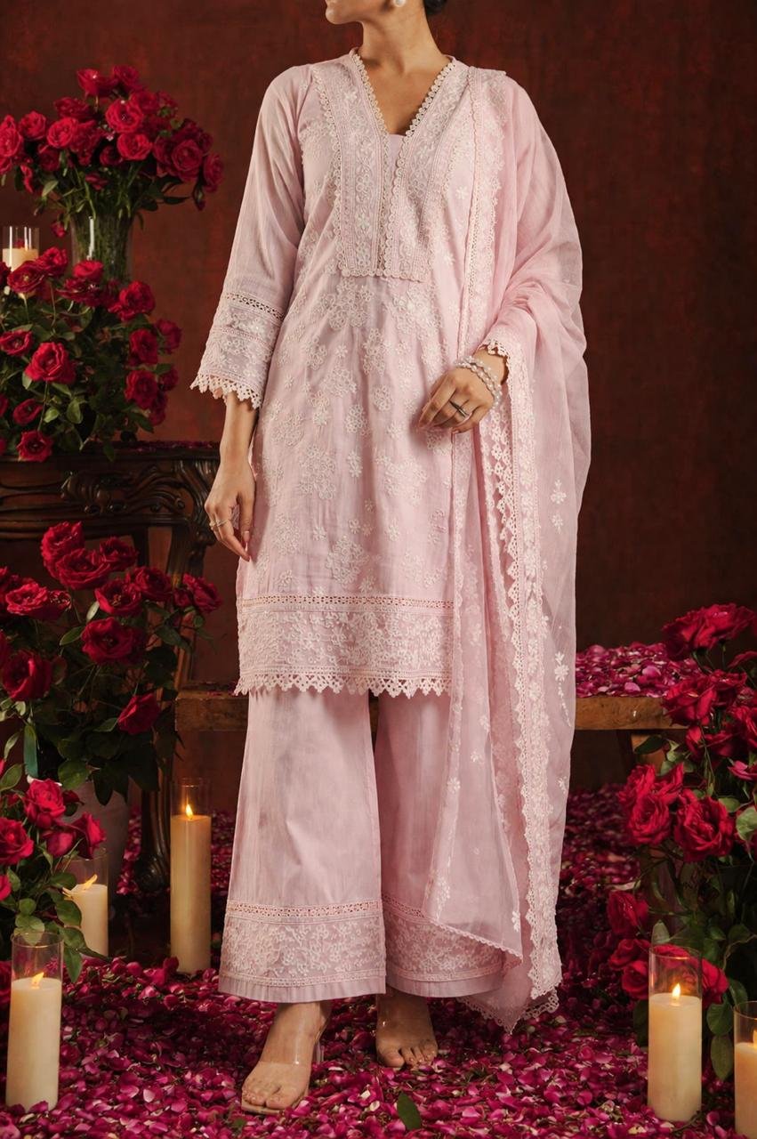 Pure Cotton Schiffli Embroidered Co-ord Set – Pastel Pink - Image 2