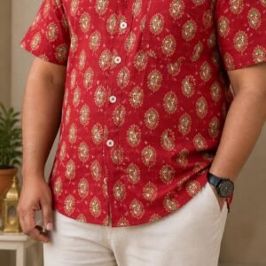 Pure Cotton Sanganeri Printed Men’s Big Size Shirt - Rich Red - Olive + Beige