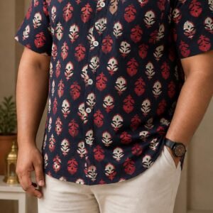 Pure Cotton Sanganeri Printed Men’s Big Size Shirt - Navy - Red + Beige
