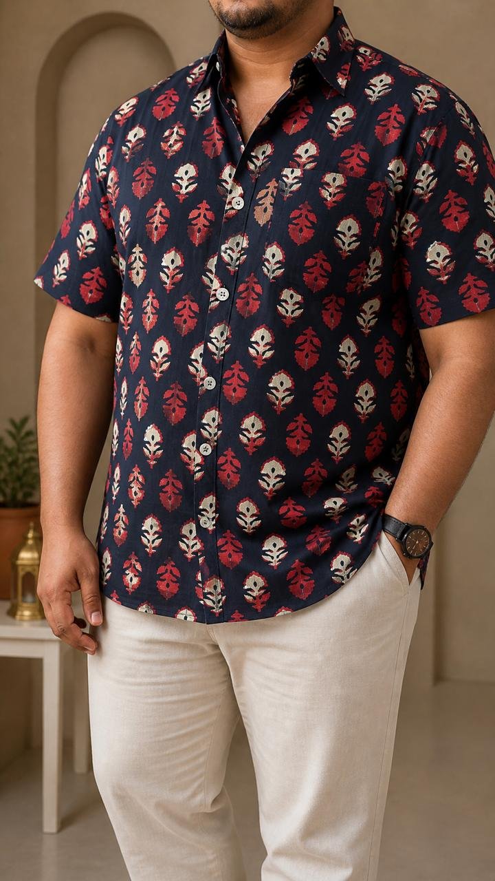 Pure Cotton Sanganeri Printed Men’s Big Size Shirt - Navy - Red + Beige