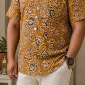 Pure Cotton Sanganeri Printed Men’s Big Size Shirt - Haldi