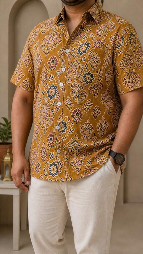 Pure Cotton Sanganeri Printed Men’s Big Size Shirt - Haldi