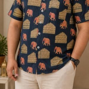 Pure Cotton Sanganeri Printed Men’s Big Size Shirt - Navy Elephant Hawamahal