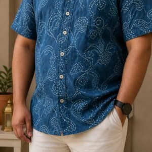 Pure Cotton Sanganeri Printed Men’s Big Size Shirt - Indigo White micro dots