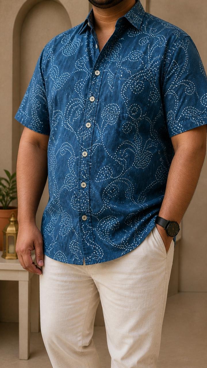 Pure Cotton Sanganeri Printed Men’s Big Size Shirt - Indigo White micro dots