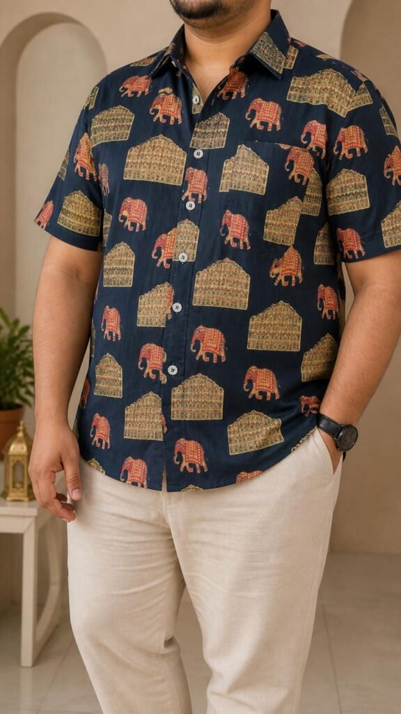 Pure Cotton Sanganeri Printed Men’s Big Size Shirt - Navy Elephant Hawamahal