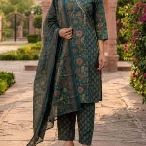 Premium Kurta Set with Pant & Dupatta (3-Piece) – Teal Floral Heritage