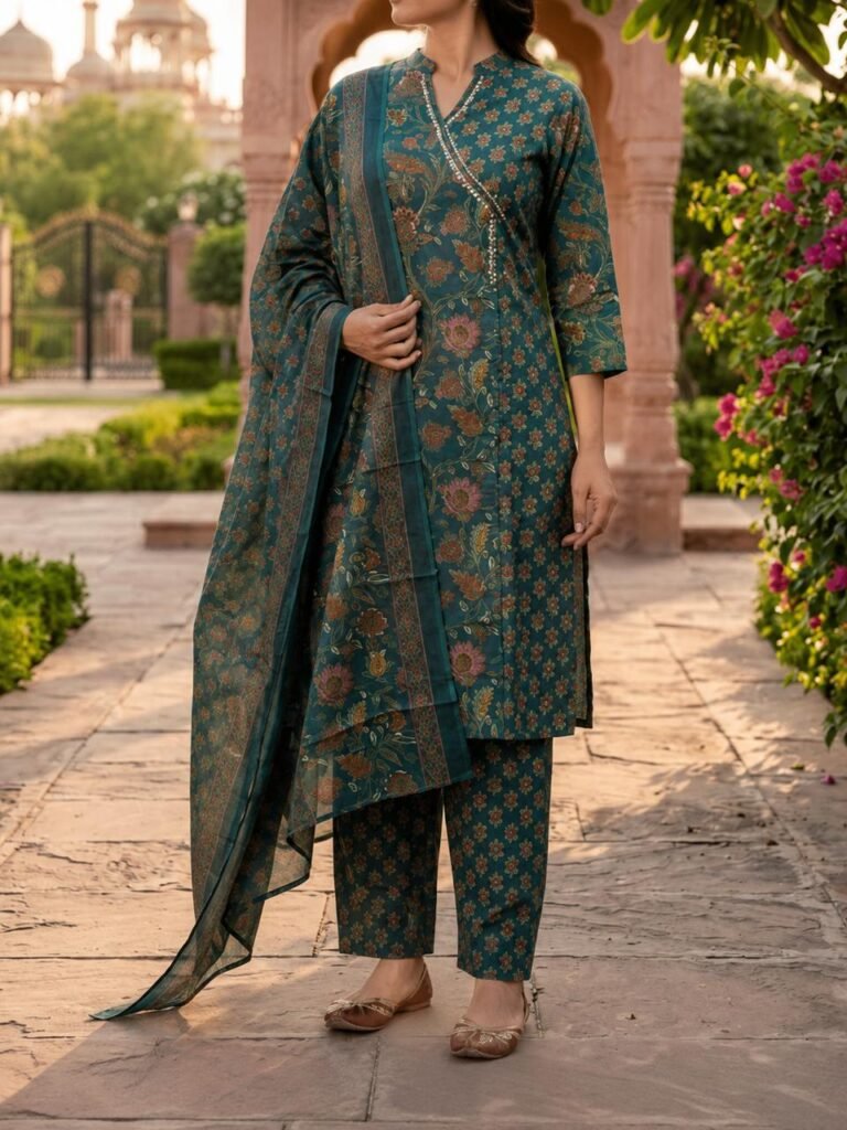 Premium Kurta Set with Pant & Dupatta (3-Piece) – Teal Floral Heritage