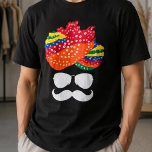 Unisex Black Tee – Graphic Multicolor Bandhani Turban Edition