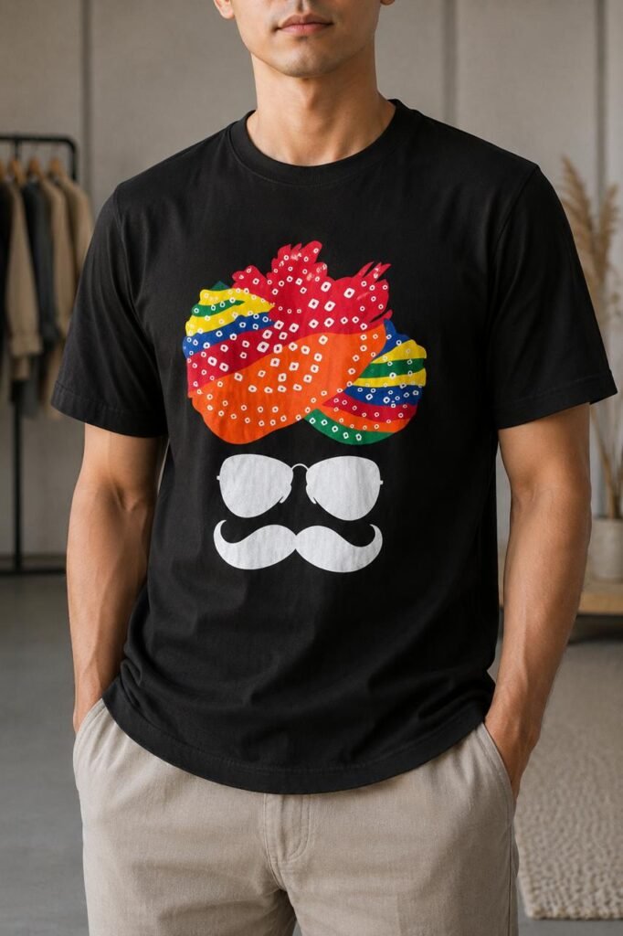 Black Tee – Graphic Multicolor Bandhani Turban Edition