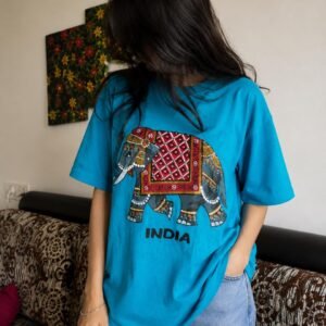 Unisex Peacock Blue Tee – Graphic Handprint Elephant Edition