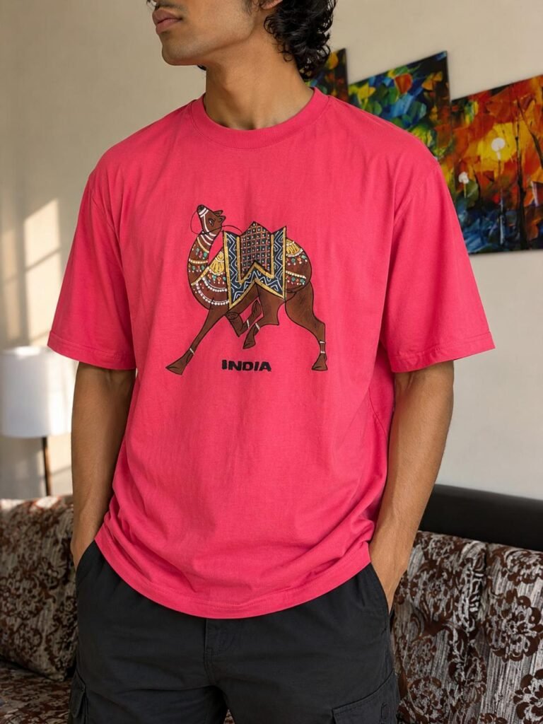 Red Tee – Graphic Handprint Camel Edition
