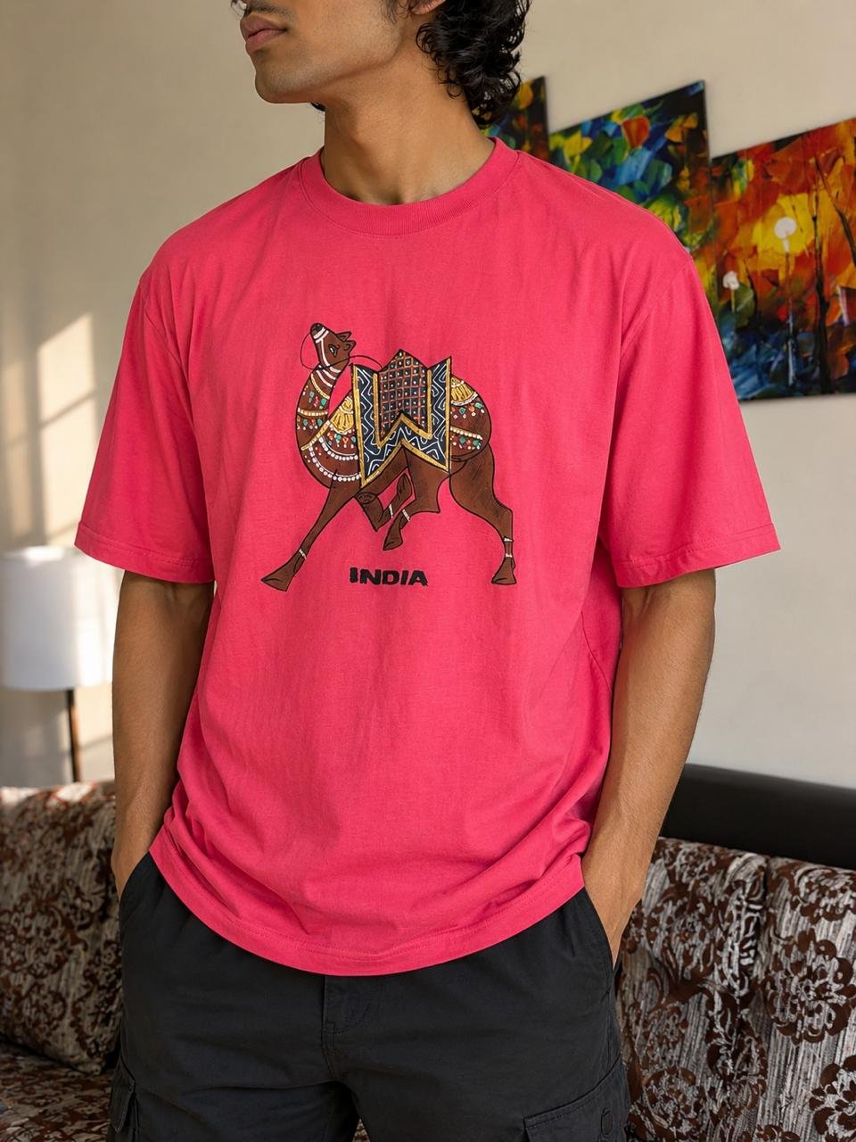 Unisex Red Tee – Graphic Handprint Camel Edition