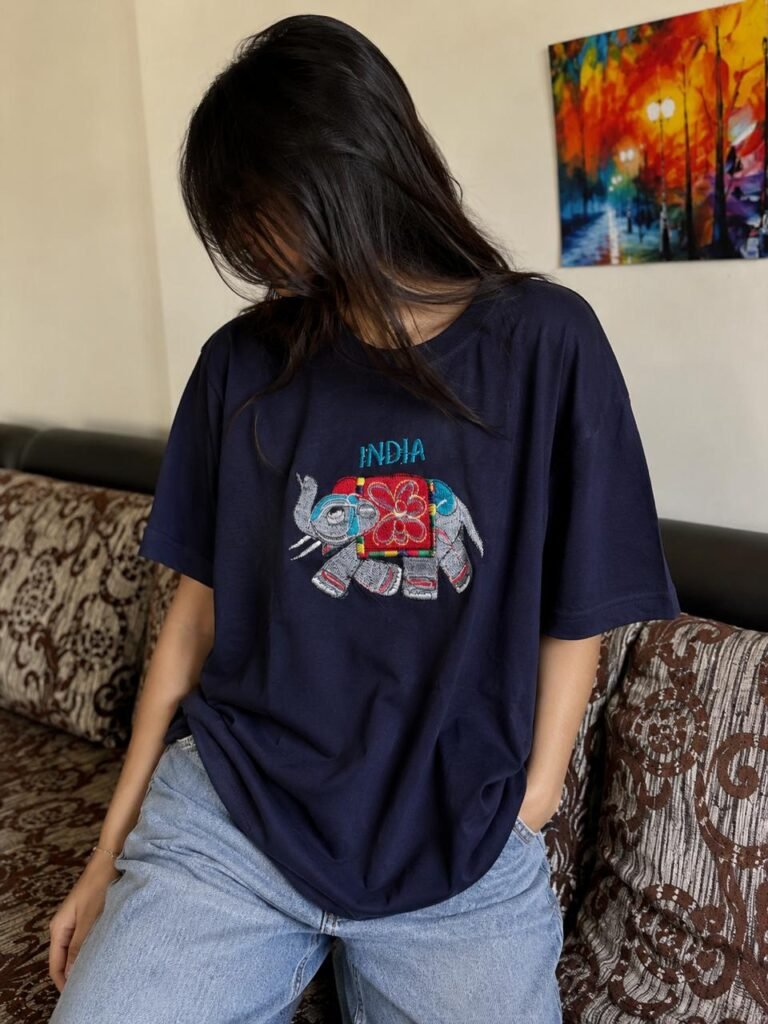 Unisex Navy Tee – Graphic Embroidery Elephant Edition